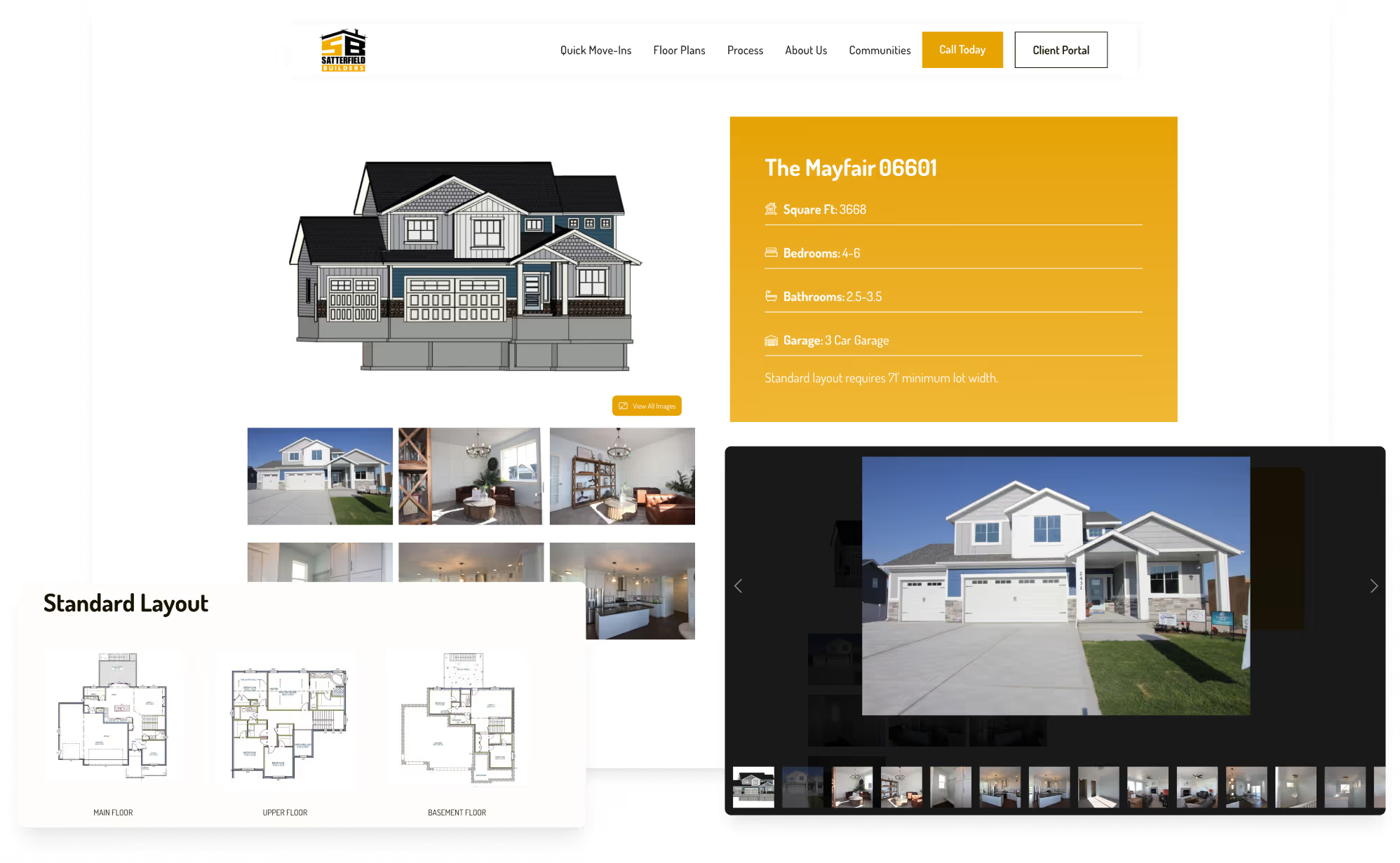 Satterfield Builders floor plan and gallery collage showing The Mayfair model with house rendering, specs, interior photo thumbnails, Standard Layout floor plans, and photo gallery lightbox