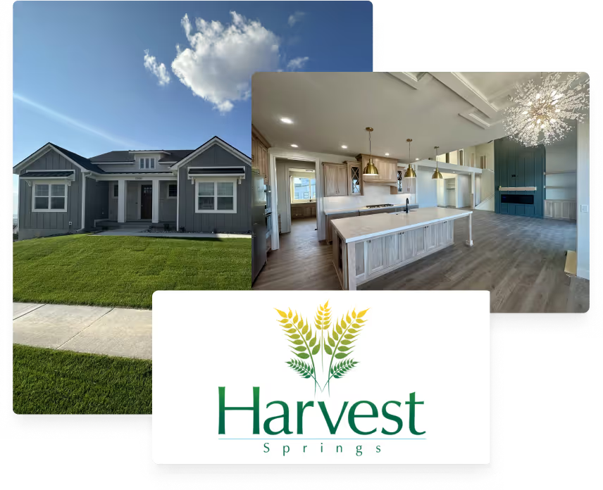 Collage showing Satterfield Builders craftsman-style home exterior with manicured lawn, modern open-concept kitchen interior with island and chandelier, and Harvest Springs community logo
