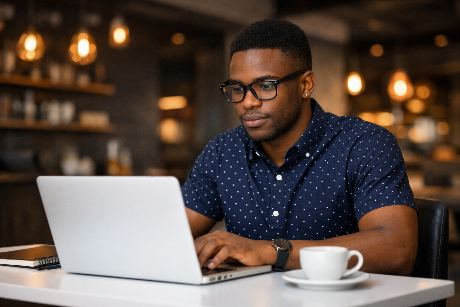 Young man with glasses working on a laptop in a modern office space