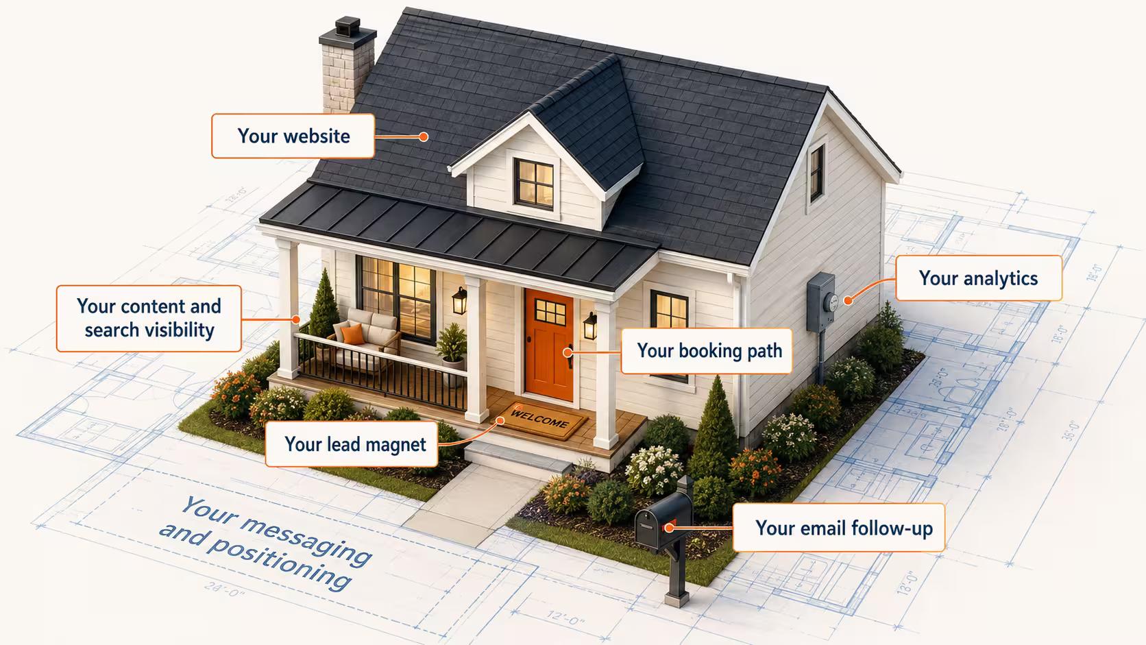 Cutaway illustration of a house with seven labeled marketing rooms, each showing a score, used as a marketing audit example