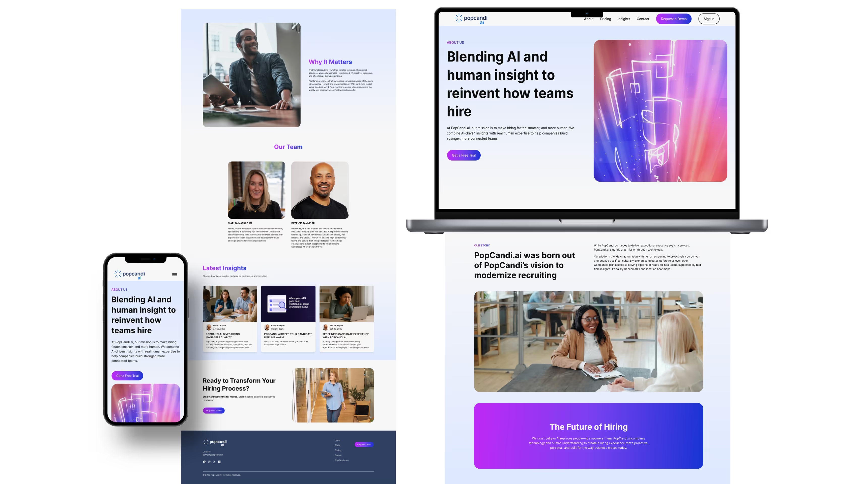 PopCandi AI multi-device responsive mockup showing marketing About page on MacBook with woman in office, Why It Matters section on iPhone, and AI + Human Touch feature on iPad