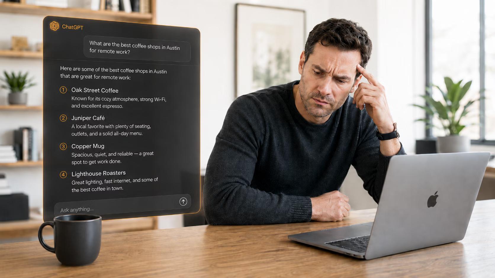 A business owner reviewing a ChatGPT answer that recommends competitor businesses instead of their own.