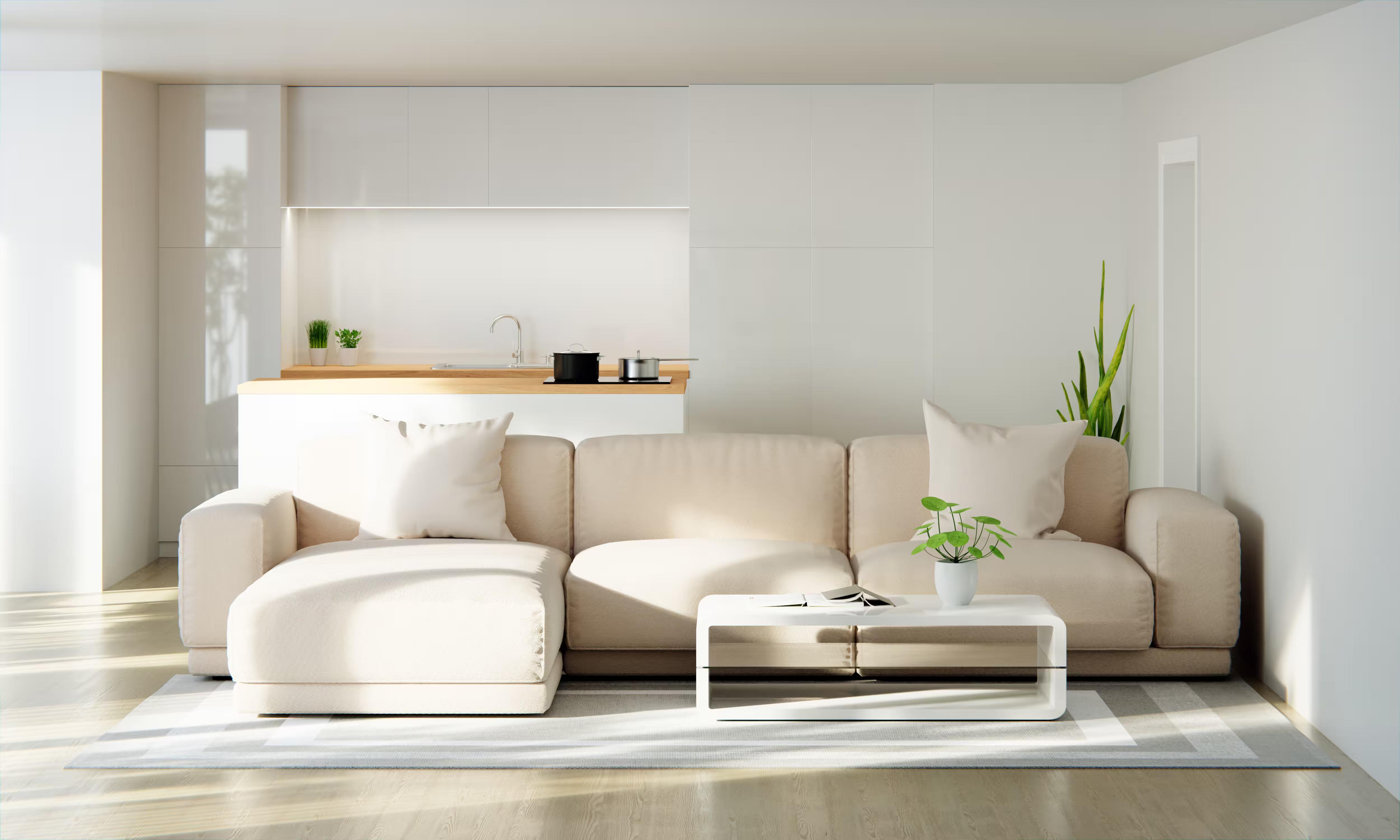 A spotless, sunlit living room and open kitchen after a professional clean, the finished result a cleaning company's marketing is selling.