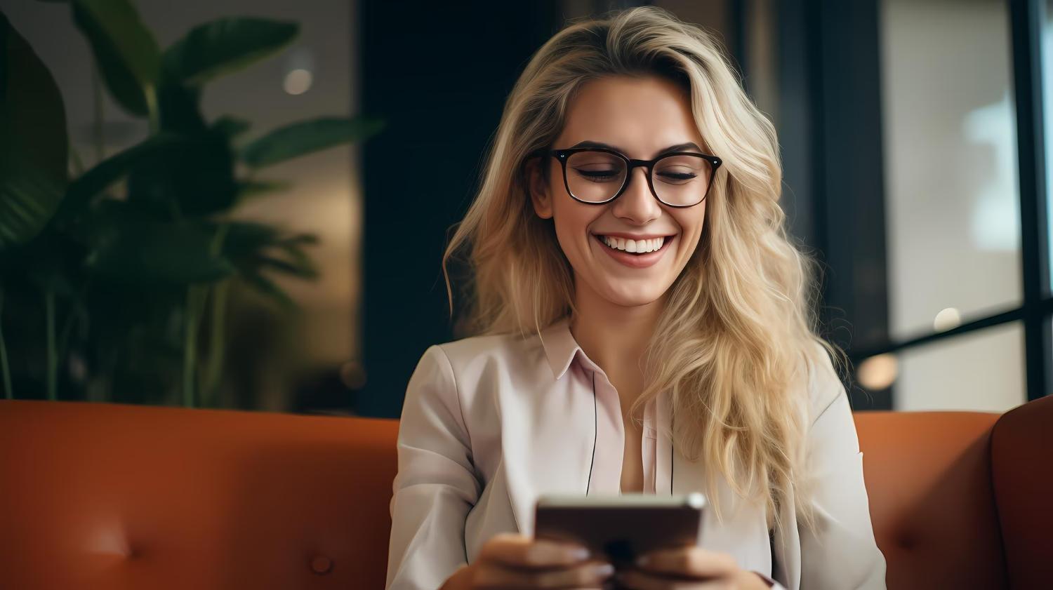 happy woman on couch searching on her phone