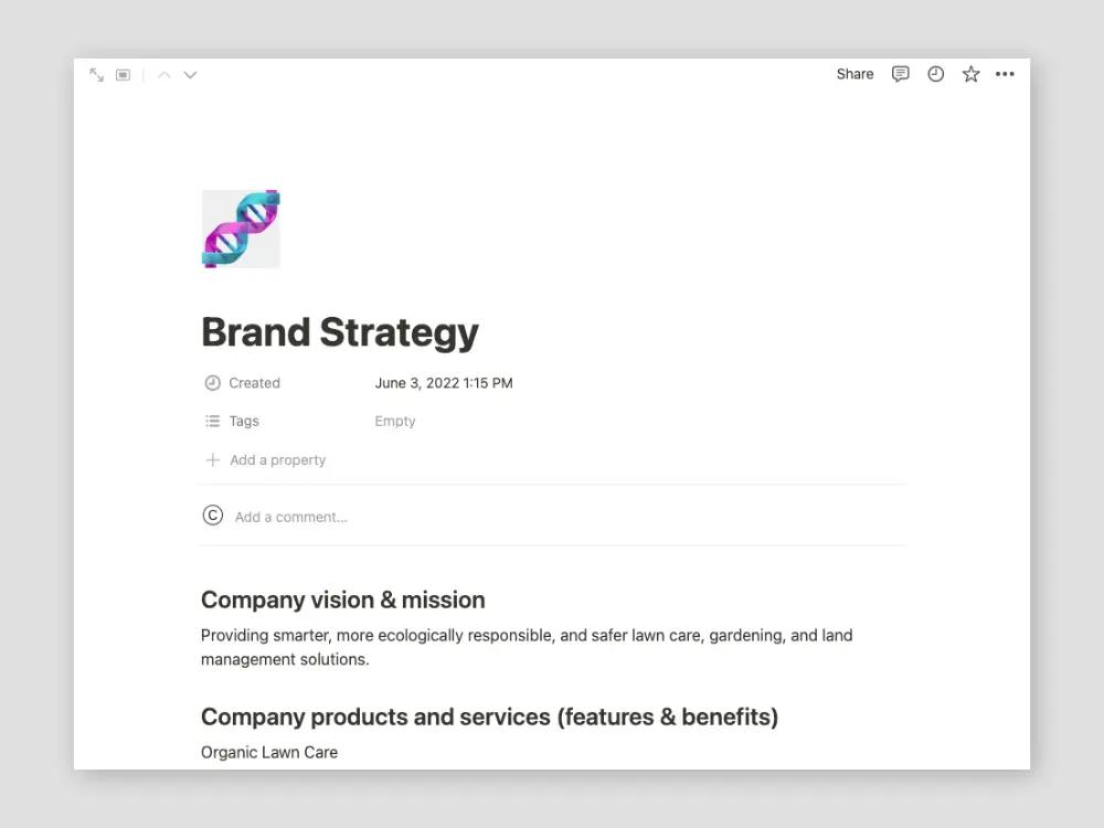Natural Texas Lawn Care brand strategy document in Notion listing the company vision and mission and its products and services