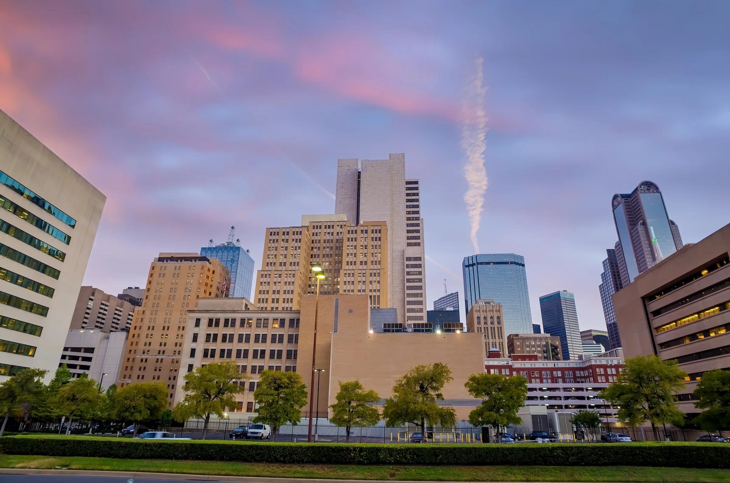 A street-level view of Downtown Dallas office towers