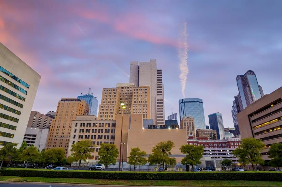 A street-level view of Downtown Dallas office towers