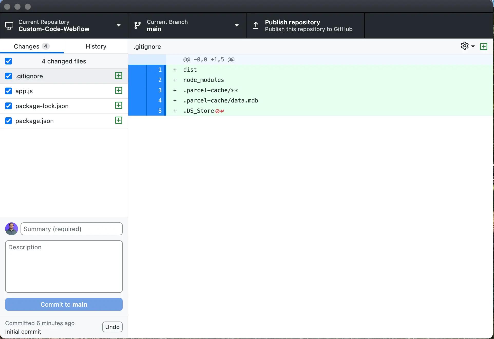 files created in github desktop for custom code webflow project