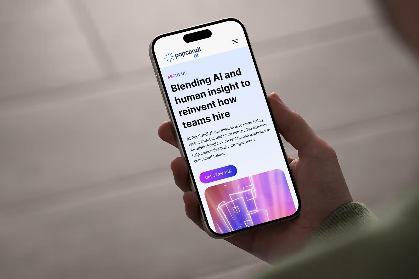 PopCandi AI responsive mockup showing marketing site on iPad, MacBook, and iPhone with team page, About hero, and blog sections