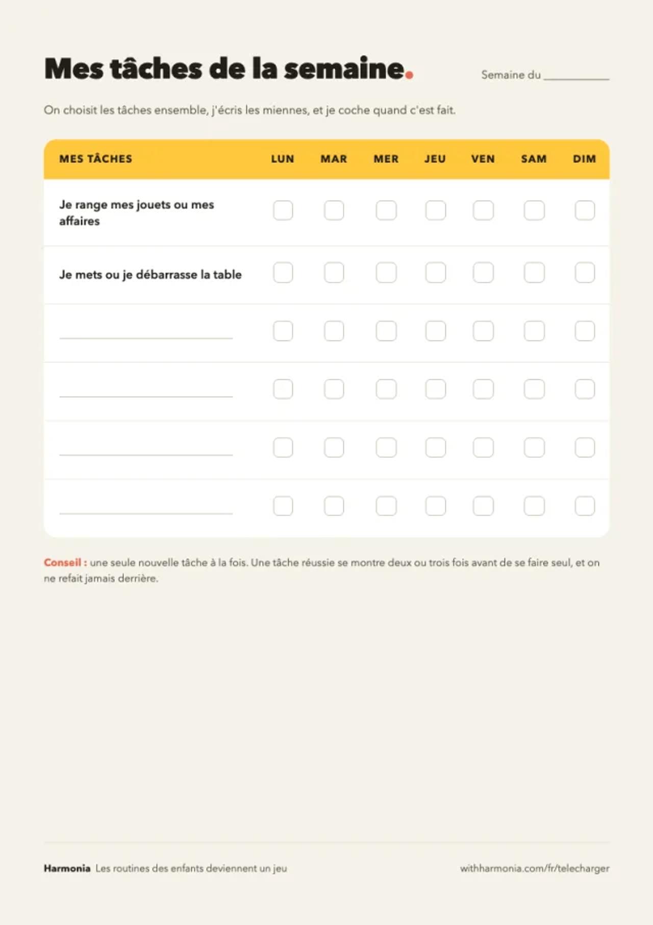 Aperçu du tableau des tâches ménagères Harmonia à imprimer, format A4 avec les jours de la semaine à cocher