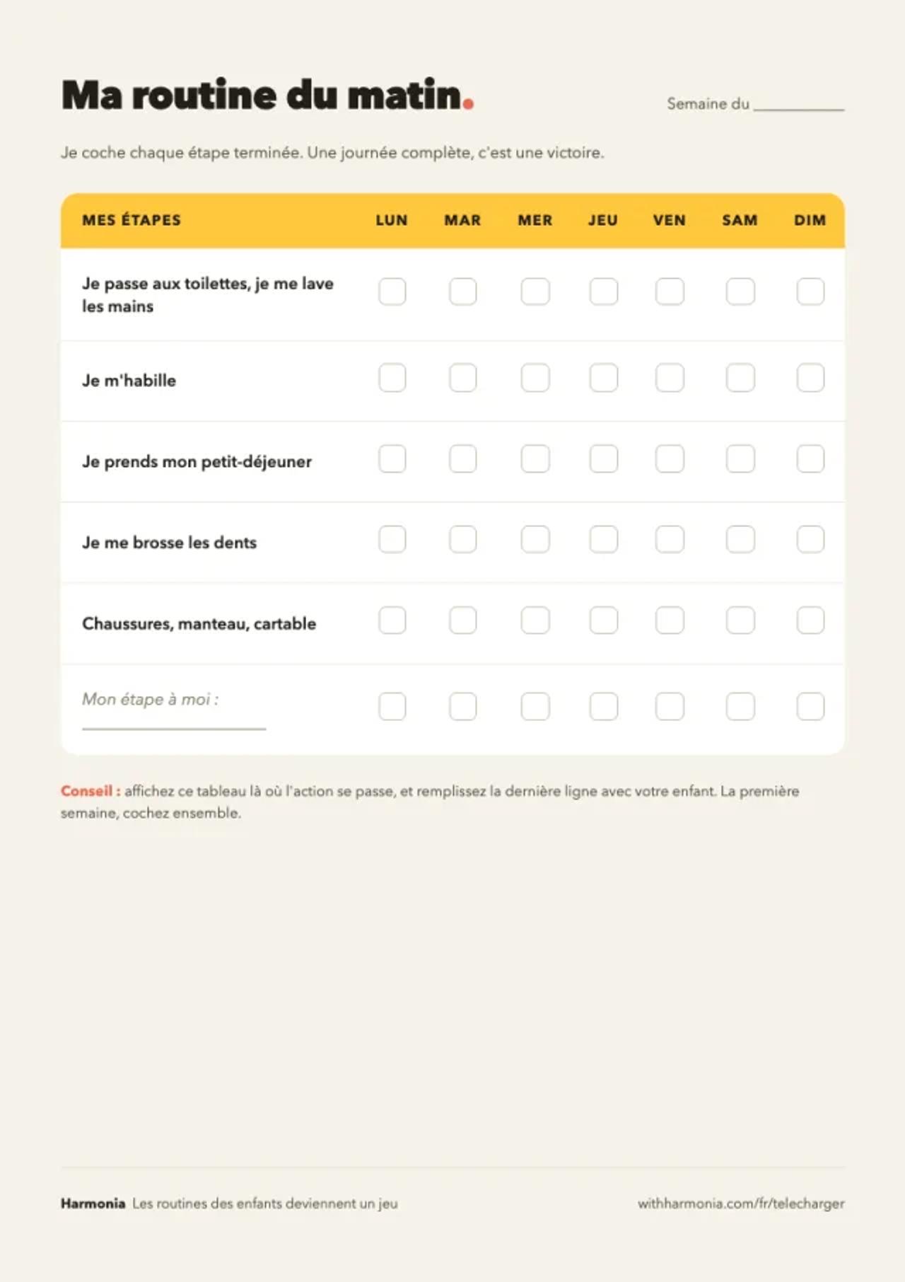 Aperçu du tableau de routine du matin Harmonia à imprimer, format A4 avec les jours de la semaine à cocher