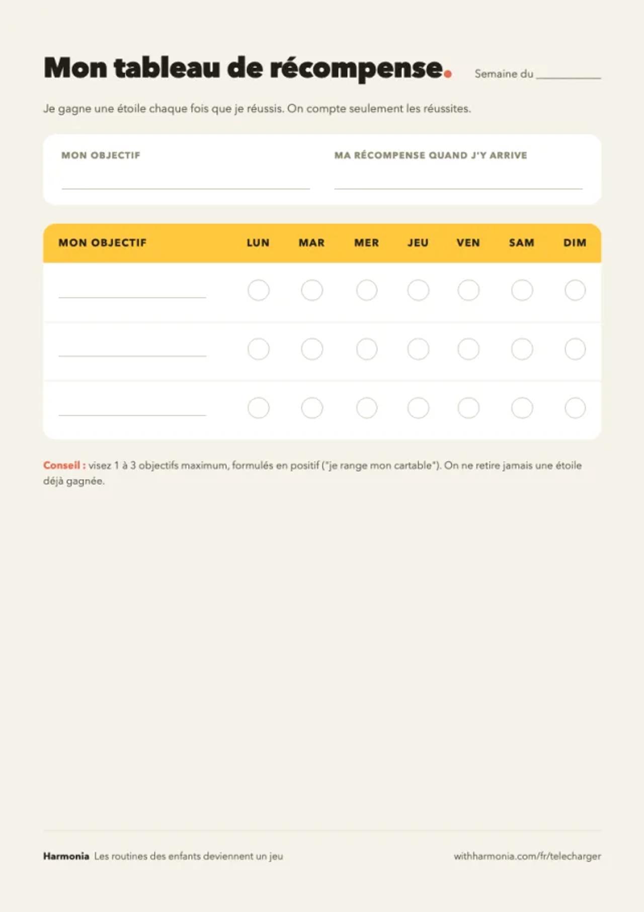 Aperçu du tableau de récompense Harmonia à imprimer, format A4 avec grille hebdomadaire à cocher