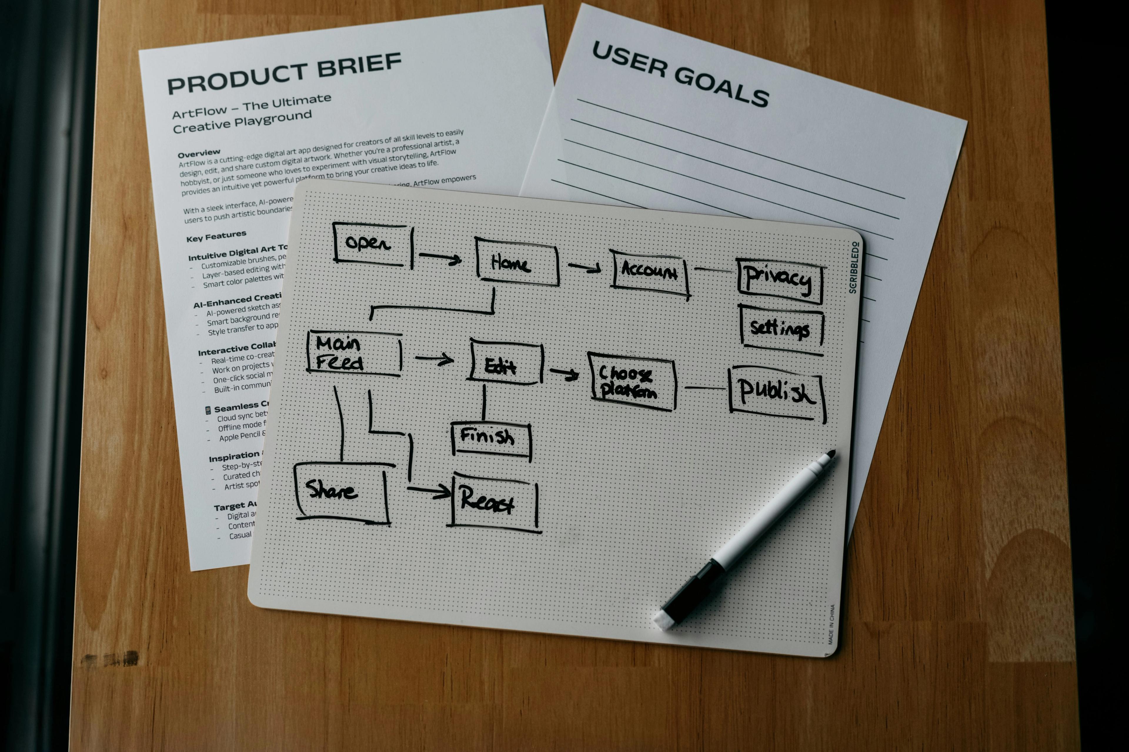 a product brief and user goals are sitting on a wooden table .