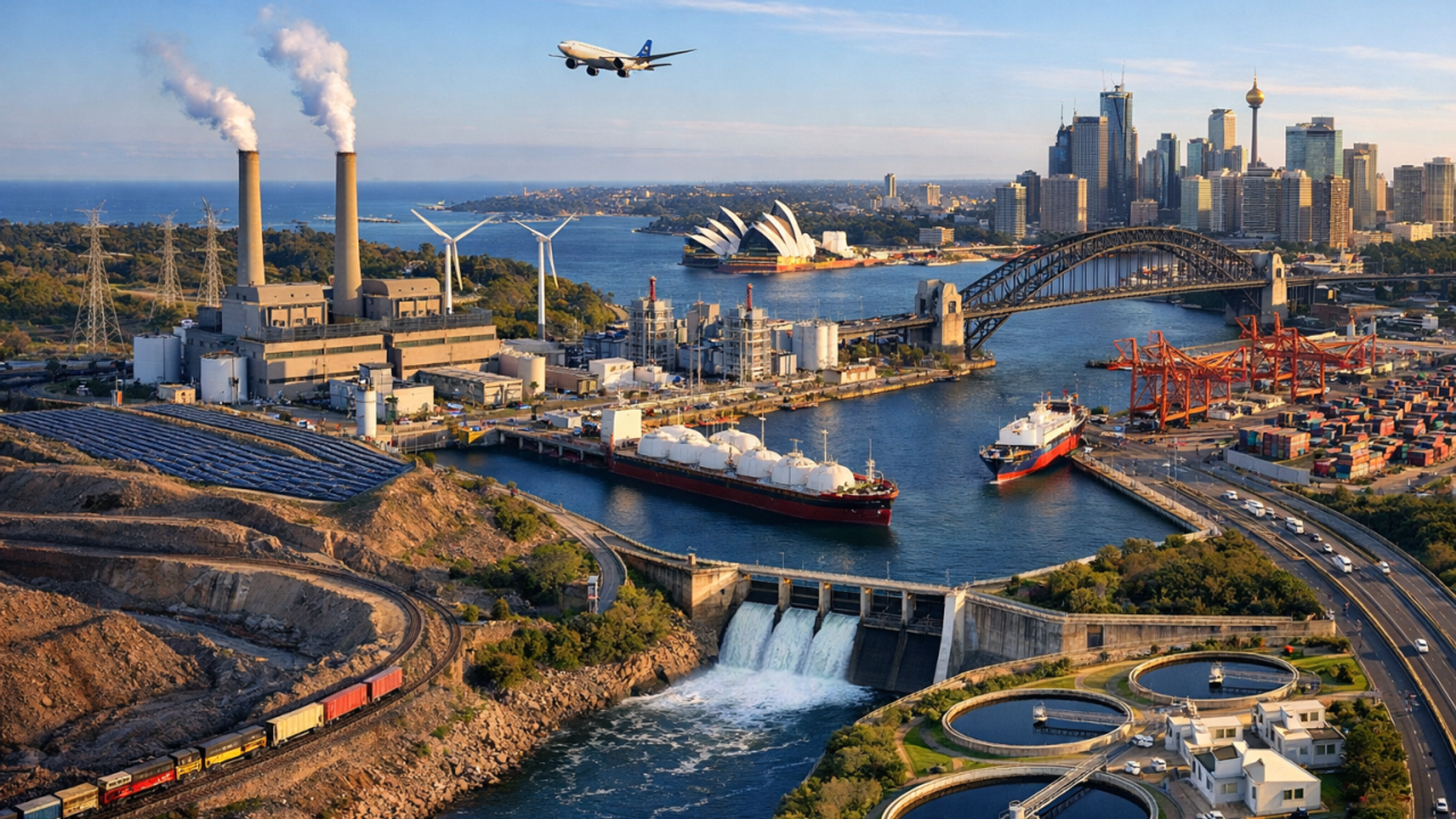 Aerial view showcasing a mix of energy production (power plant, solar, wind, dam), industrial port, various transport, and the Sydney cityscape with its Opera House and Harbour Bridge.