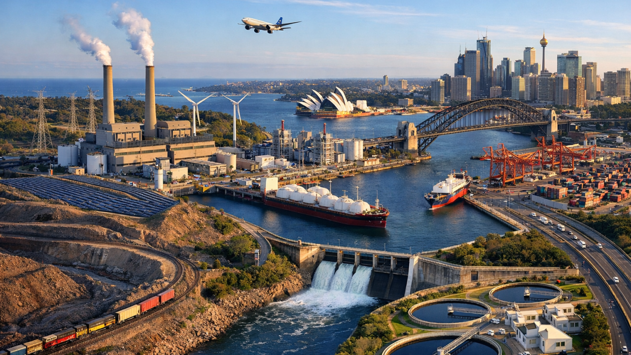 Aerial view showcasing a mix of energy production (power plant, solar, wind, dam), industrial port, various transport, and the Sydney cityscape with its Opera House and Harbour Bridge.
