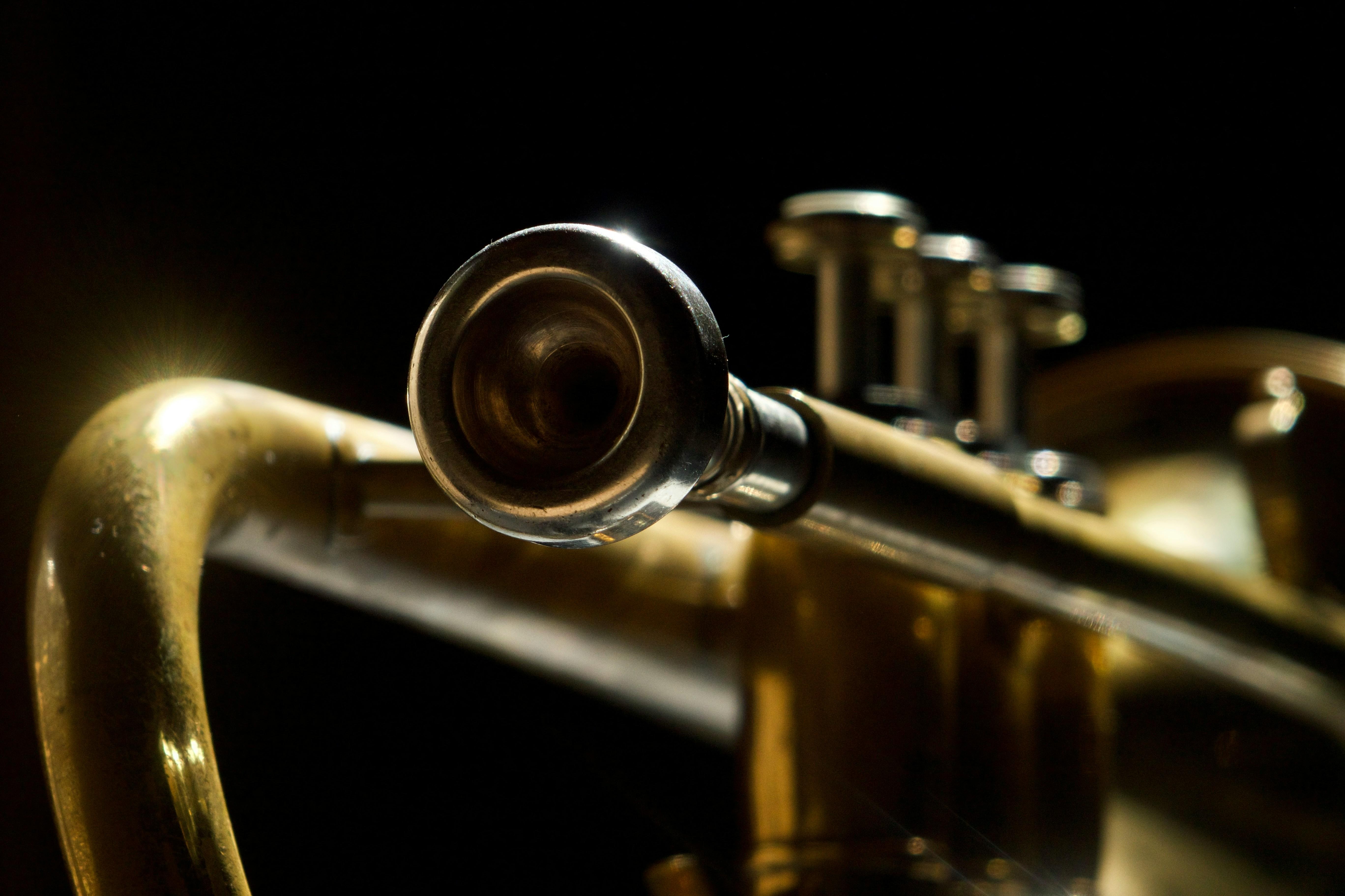 a close up of a trumpet mouthpiece on a black background .