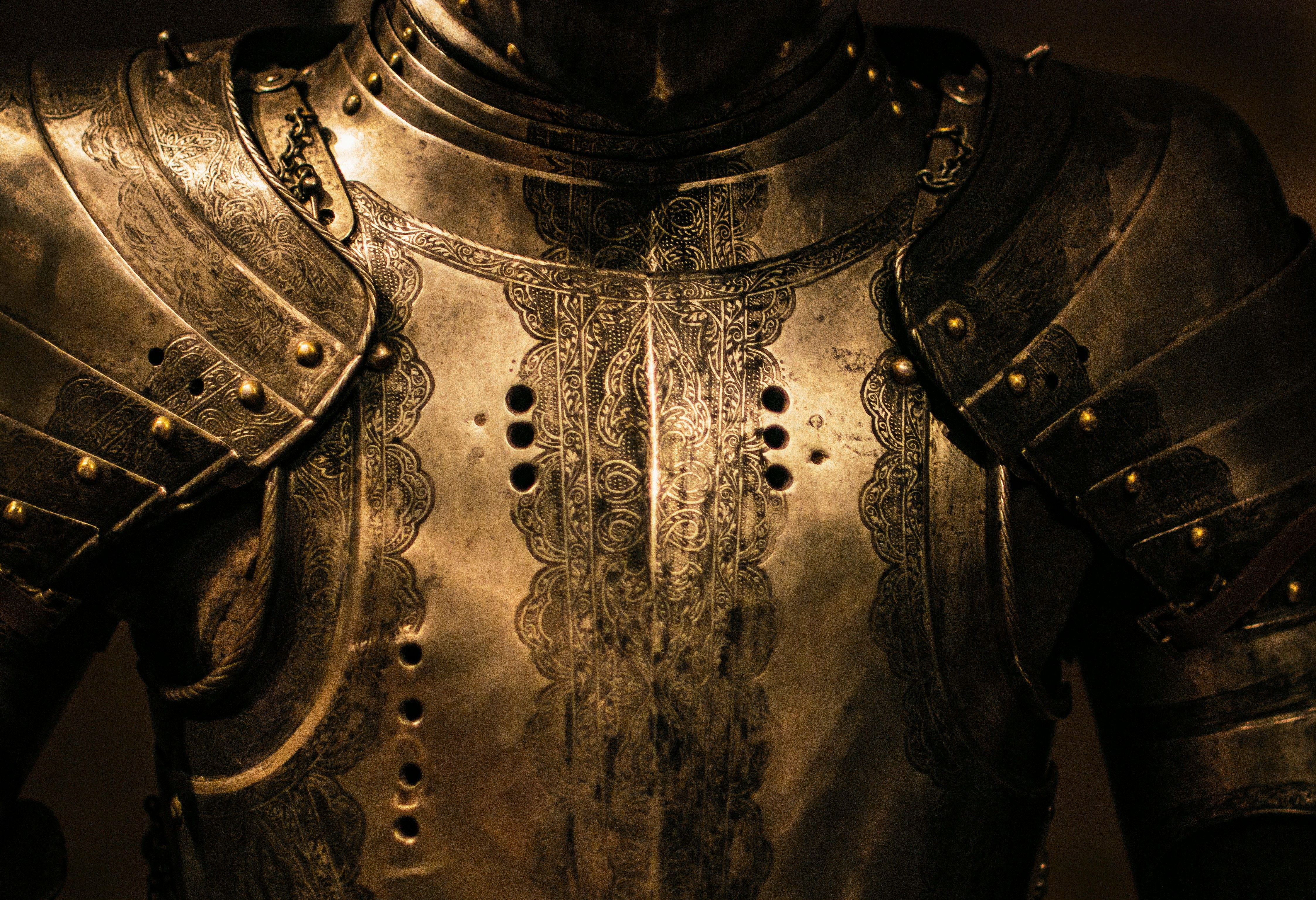 a close up of a knight 's armor with a pattern on it .