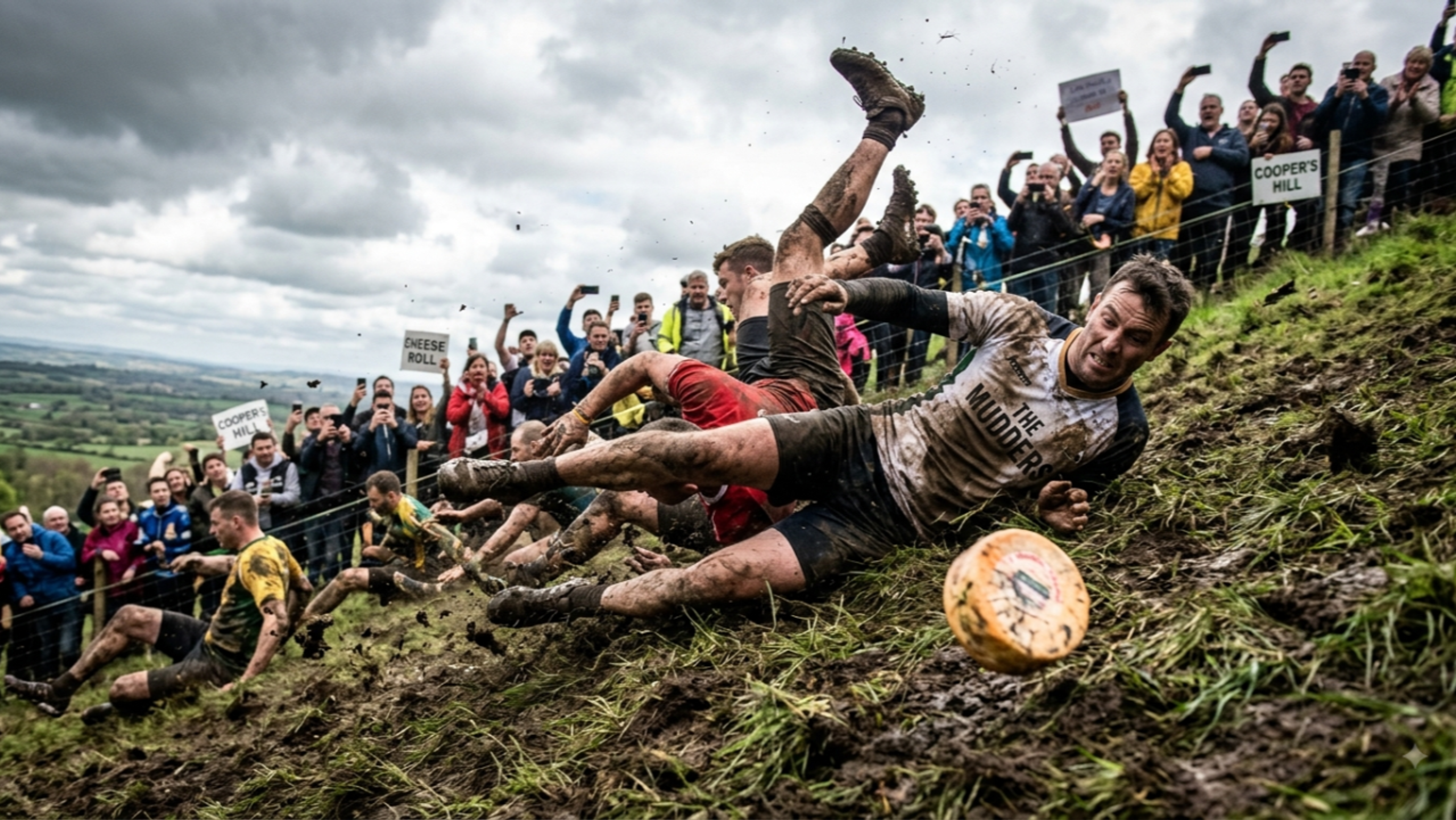 Several muddy men tumble down a steep, grassy hill in pursuit of a rolling cheese wheel, as spectators cheer from the side.