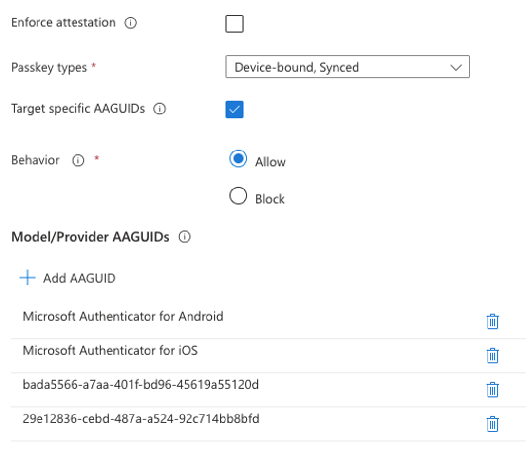 A passkey configuration screen showing 'Allow' selected for specific Model/Provider AAGUIDs, including Microsoft Authenticator for Android and iOS.