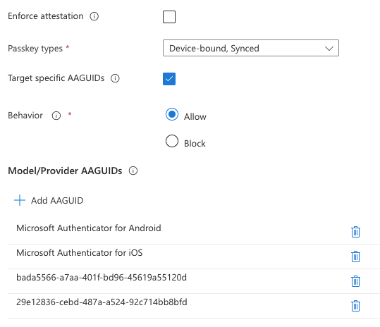 A passkey configuration screen showing 'Allow' selected for specific Model/Provider AAGUIDs, including Microsoft Authenticator for Android and iOS.