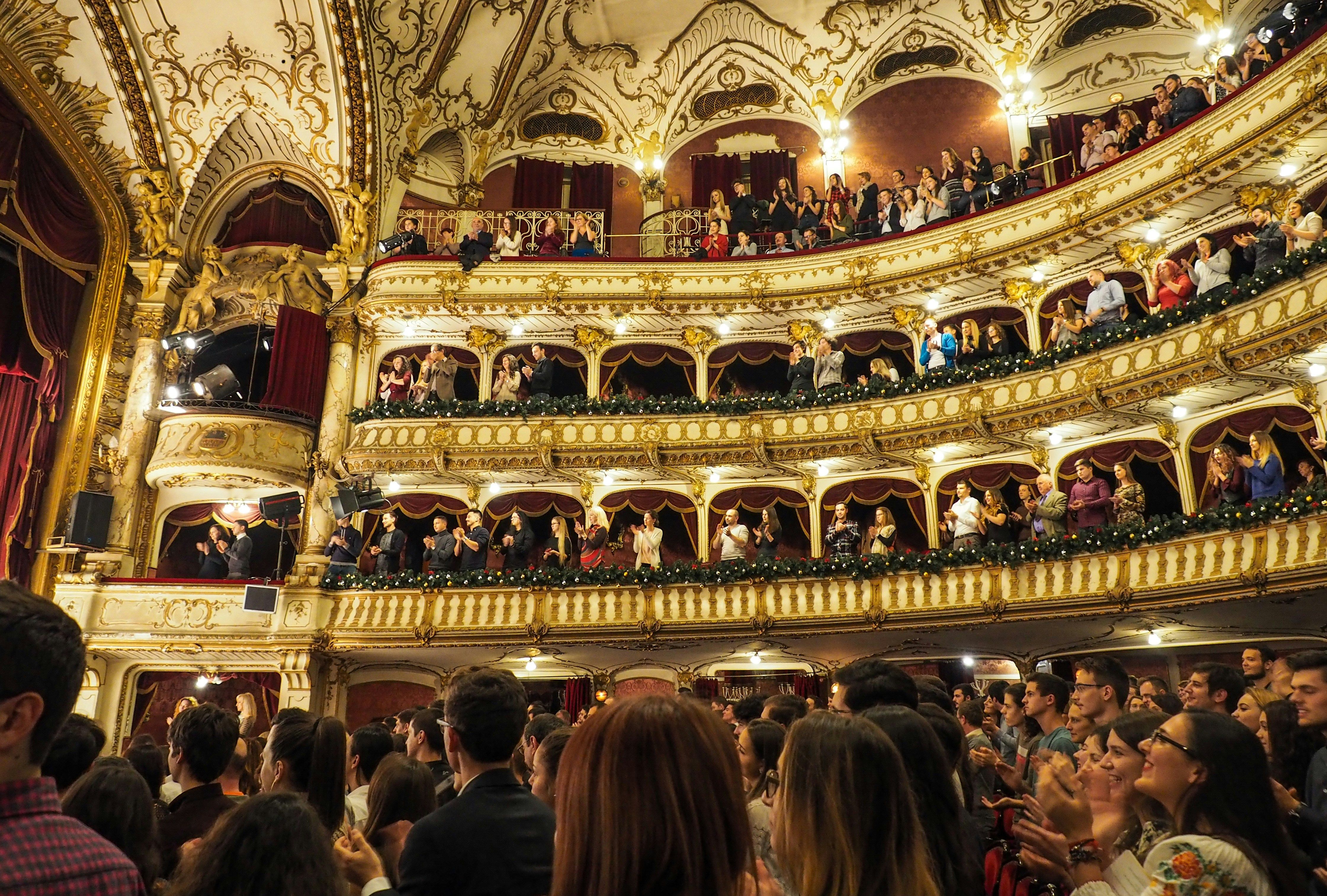 a large crowd of people are sitting in a large theatre .