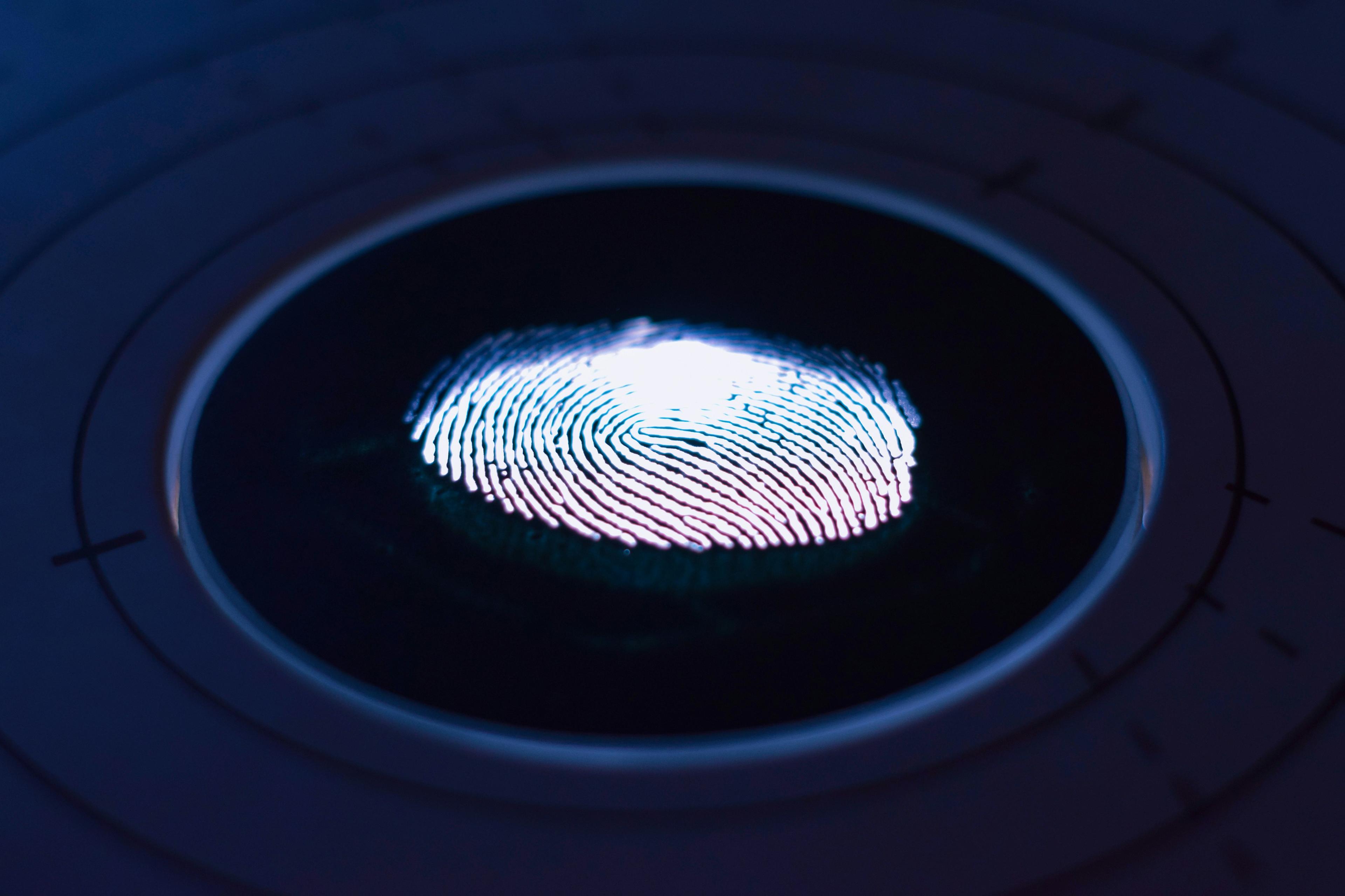 a fingerprint is being examined under a microscope in a dark room .