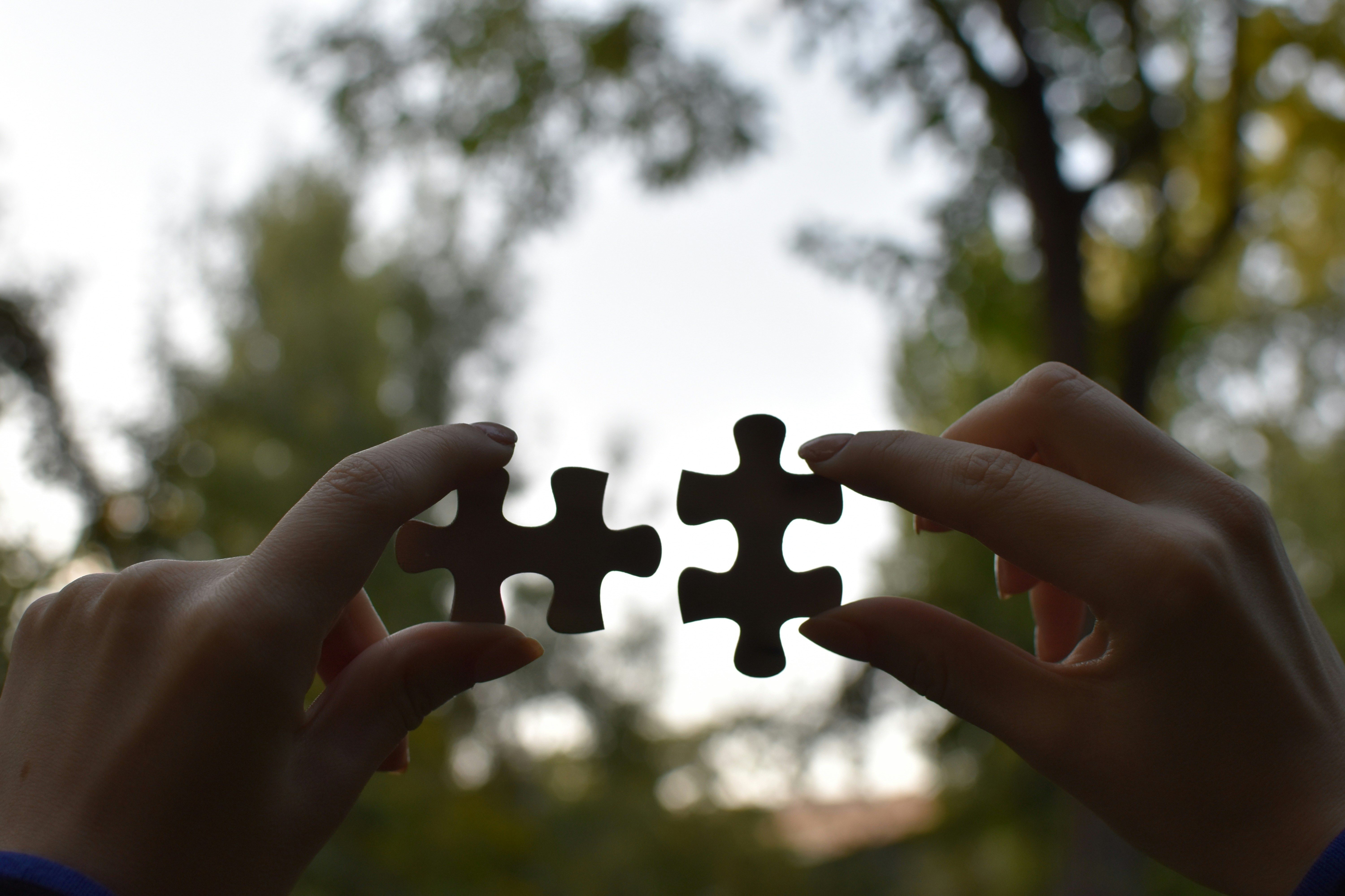 a person is holding two puzzle pieces in their hands .