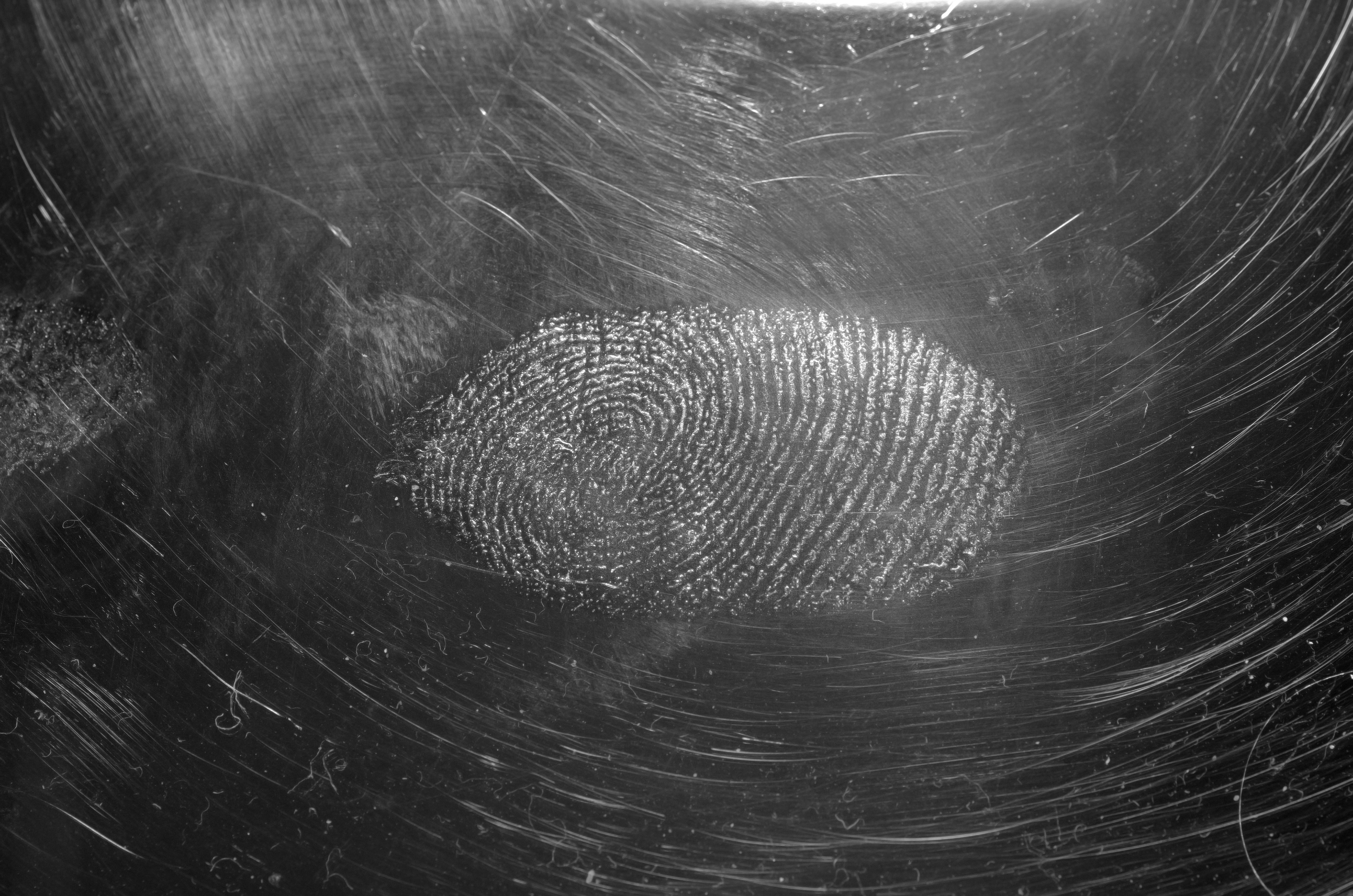 a black and white photo of a fingerprint on a black surface .