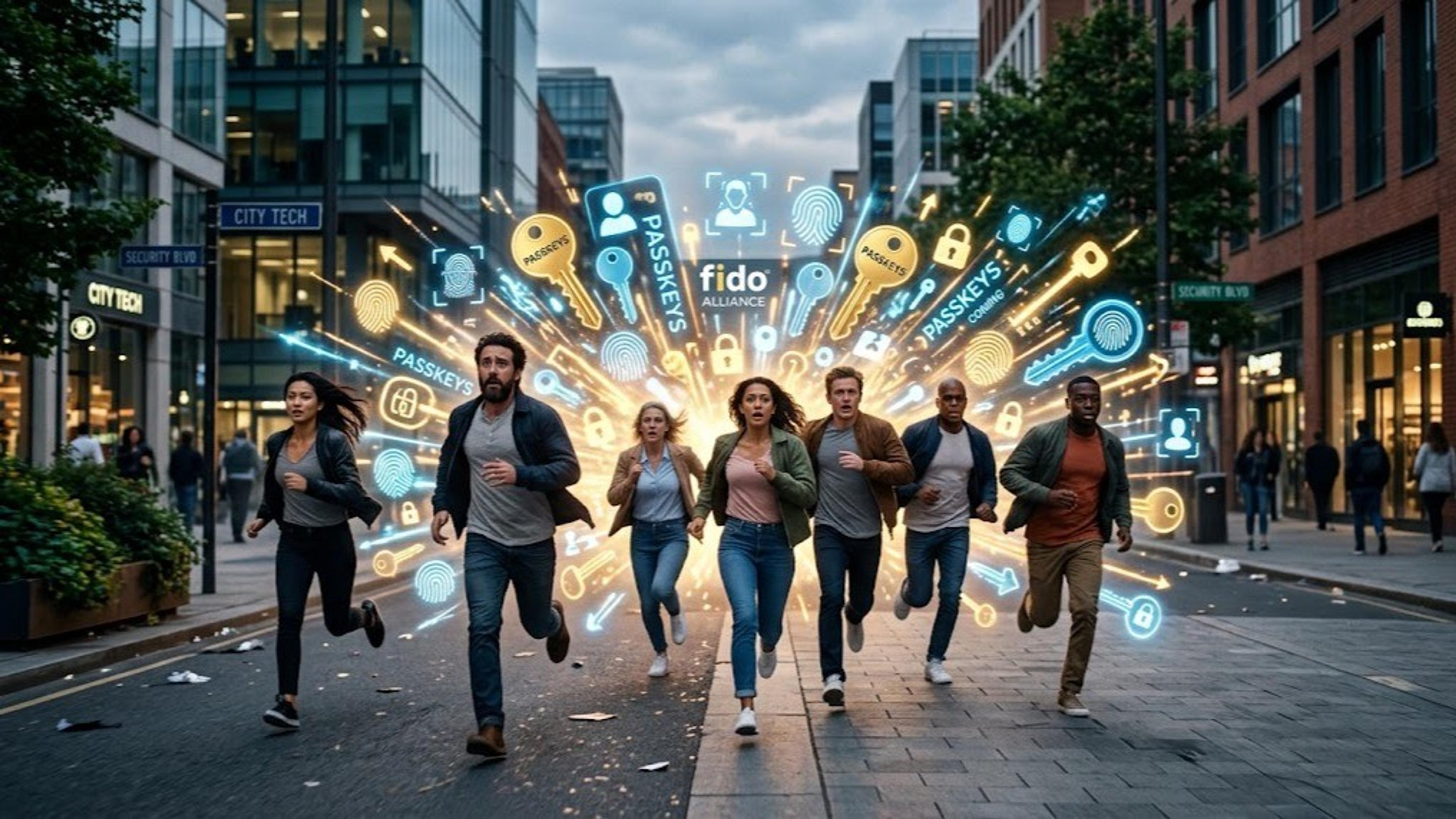 A diverse group of people runs on a city street as glowing digital icons for passkeys, fingerprints, and the FIDO Alliance burst behind them.