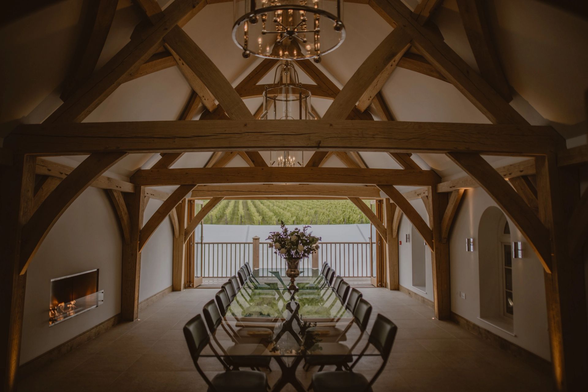 Dining room with wooden beams
