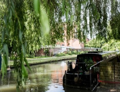 Canal boat with willow tree hanging over the water
