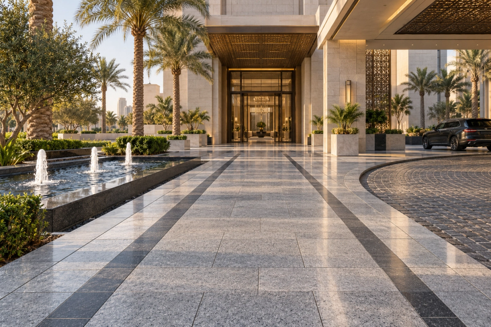 Natural granite paving at a luxury building entrance, using large-format grey granite slabs to reinforce the building axis, key sightlines and pedestrian movement, with a curved granite cobblestone drop-off zone.