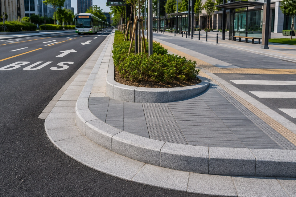 High-quality granite kerbstones used in an urban bus corridor, traffic island and accessible pedestrian crossing, with curved kerbs, gradual height transitions and tactile paving.