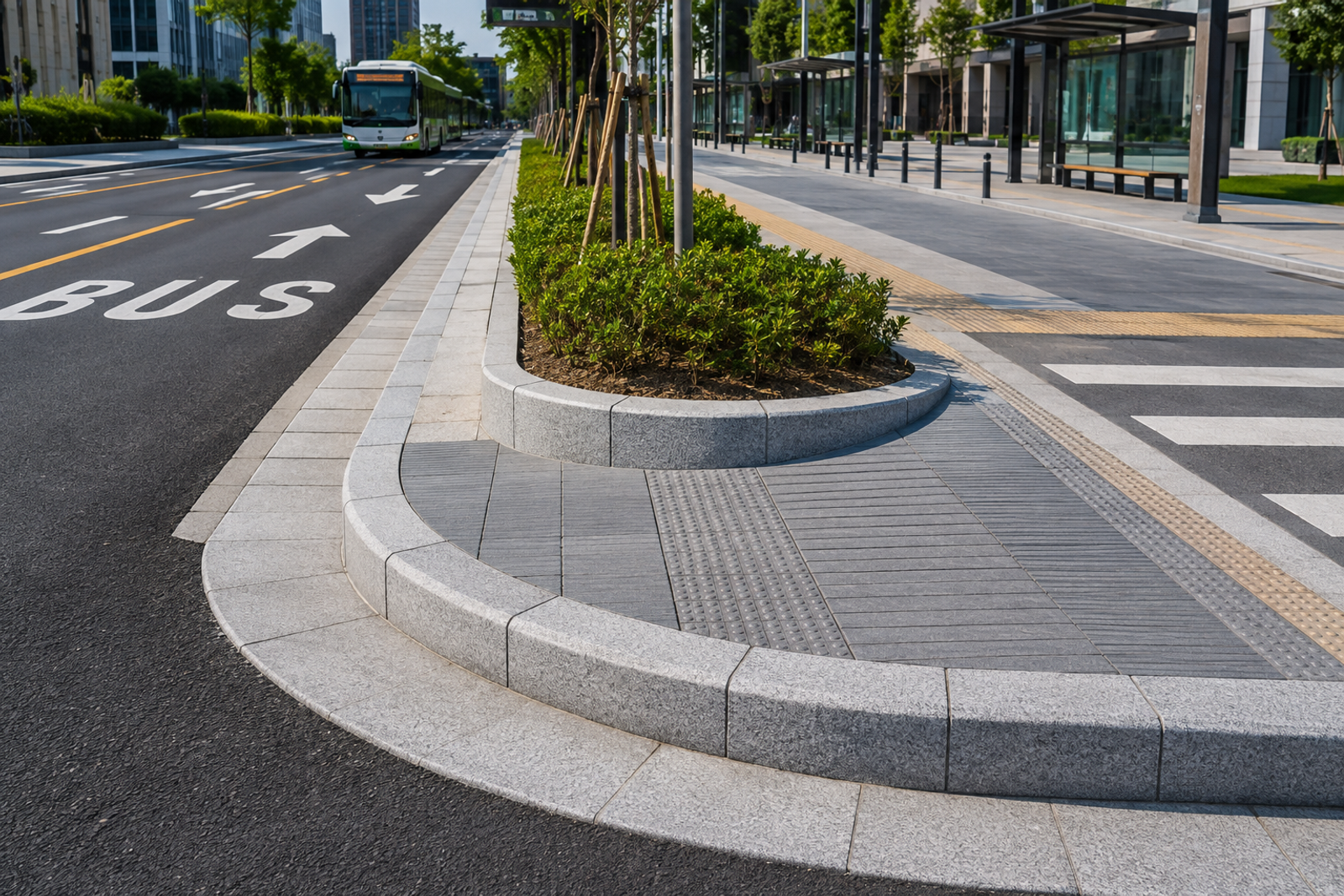 High-quality granite kerbstones used in an urban bus corridor, traffic island and accessible pedestrian crossing, with curved kerbs, gradual height transitions and tactile paving.