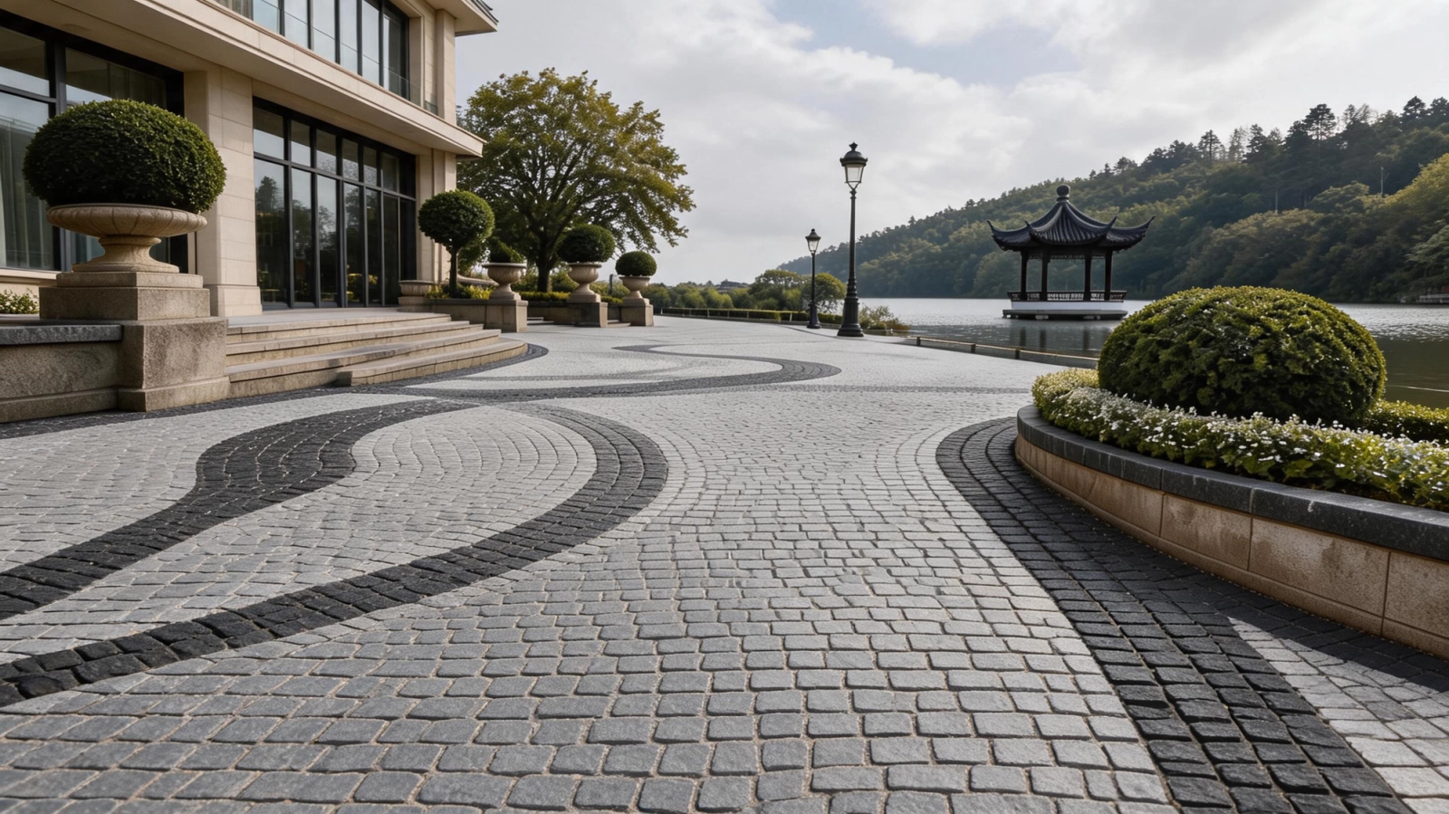 Luxuriöse Villa am Wasser mit hochwertigem Natursteinpflaster aus Granit für Hofgestaltung, Eingangsbereich und exklusive Außenanlagen