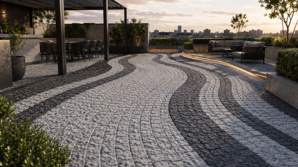 Helle und dunkle natürliche Granitpflastersteine in fließenden Wellenmustern auf einer hochwertigen Dachterrasse, ideal für Outdoor-Loungebereiche, Dachgärten und moderne Landschaftsgestaltung.