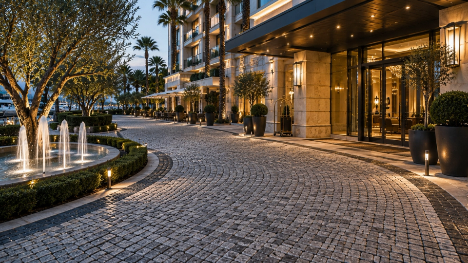 Graue Naturgranitpflastersteine für den Innenhof und die Zufahrt einer Luxusvilla mit geschwungener Pflasterung, Wasserelementen und Begrünung