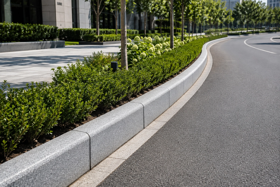 Hellgraue Bordsteine aus Naturgranit entlang einer geschwungenen Stadtstraße, die Asphaltfahrbahn, Fußgängerflächen und Grünanlagen in einem modernen Gewerbeareal klar voneinander abgrenzen.
