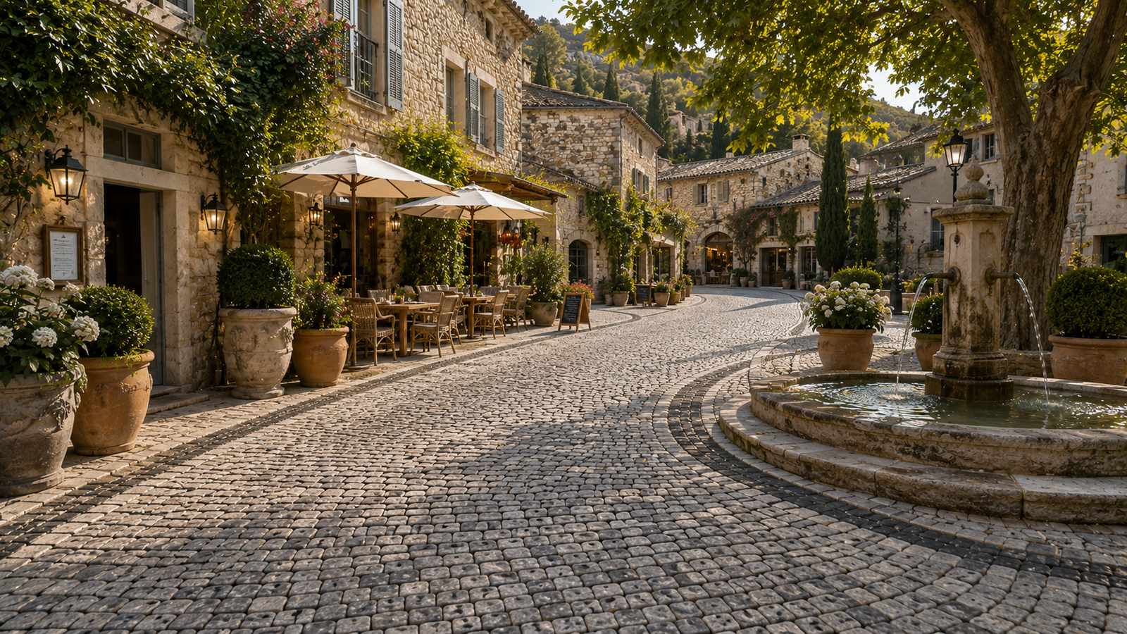 Natürliche Granitpflastersteine in einer historischen europäischen Fußgängerzone, harmonisch kombiniert mit traditioneller Steinarchitektur, Außengastronomie und einem Landschaftsbrunnen.