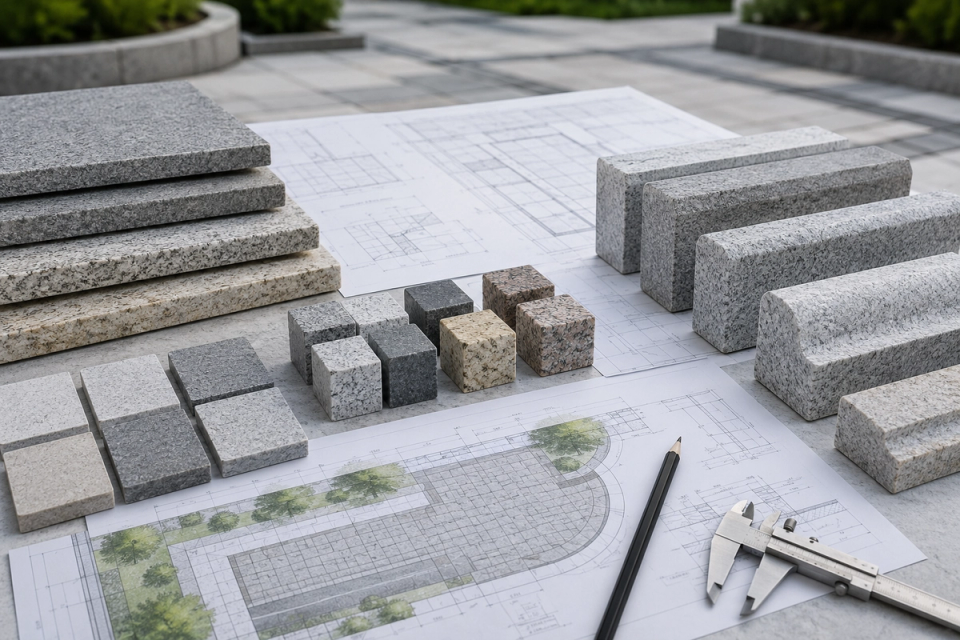 Granite project quotation preparation with project drawings, granite paving slabs, cobblestones, kerbstones and material samples.