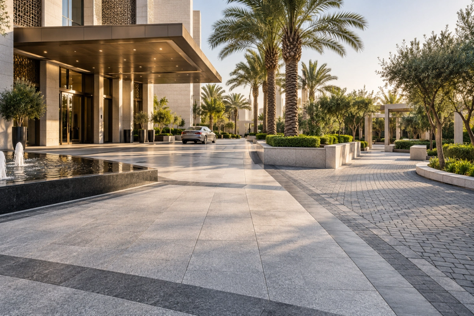 Natural granite paving at a luxury building entrance and landscaped courtyard, combining large-format grey granite slabs with dark grey granite cobblestones to create controlled contrast between pedestrian, vehicular and landscape zones.