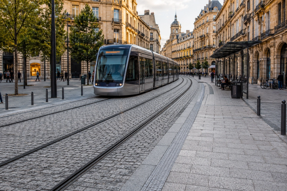 Granite cobblestones paving a European tram street between and alongside the tracks, integrated with pedestrian areas and historic urban architecture
