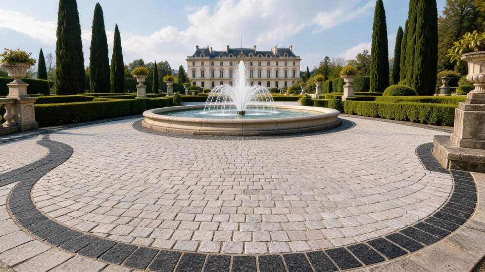Naturgranitpflastersteine auf einem Brunnenplatz eines europäischen Anwesens, mit hellgrauem Pflaster und dunklen geschwungenen Granitbändern für eine elegante Hofgestaltung.