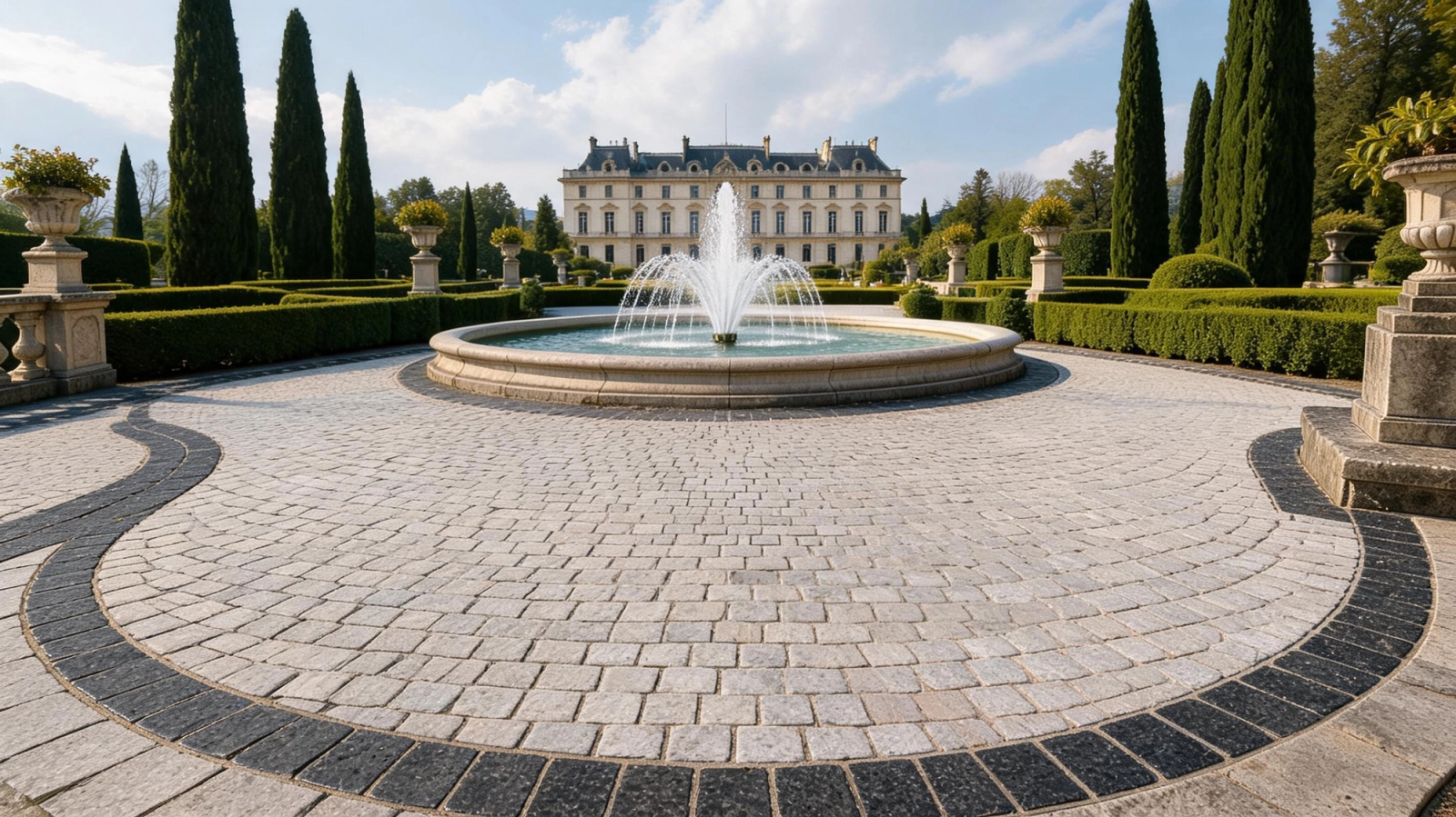 Naturgranitpflastersteine auf einem Brunnenplatz eines europäischen Anwesens, mit hellgrauem Pflaster und dunklen geschwungenen Granitbändern für eine elegante Hofgestaltung.