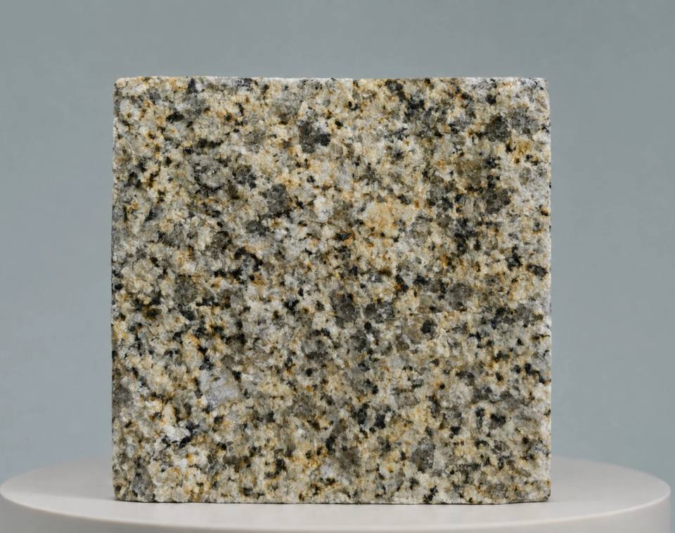 عينة من Golden Sesame Granite تتميز بحبيبات معدنية متناسقة باللون الأصفر الذهبي والبيج الرمادي والأسود، مثالية لمشاريع الرصف الخارجي وتنسيق الحدائق والمشاريع المعمارية.