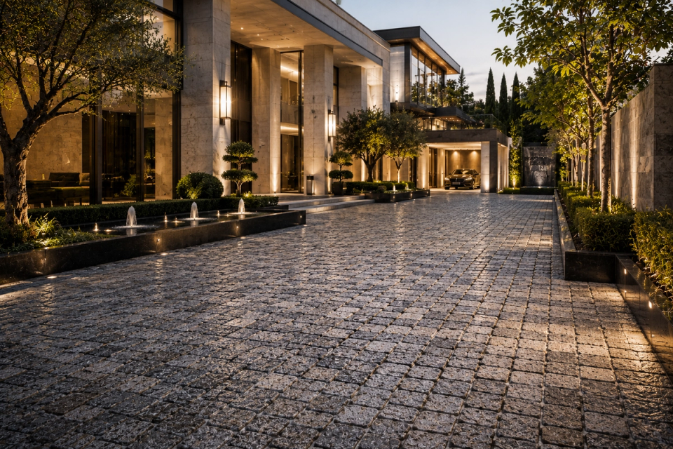 Antik gealterte Granitpflastersteine in der Zufahrt einer modernen Luxusresidenz, harmonisch kombiniert mit zeitgenössischer Architektur und Landschaftsgestaltung