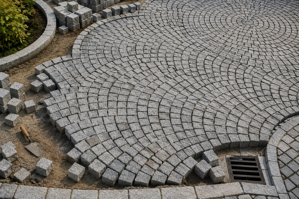 Granite cobblestone fan, curved and radial paving layout showing different radii, joint variations and edge detailing during installation