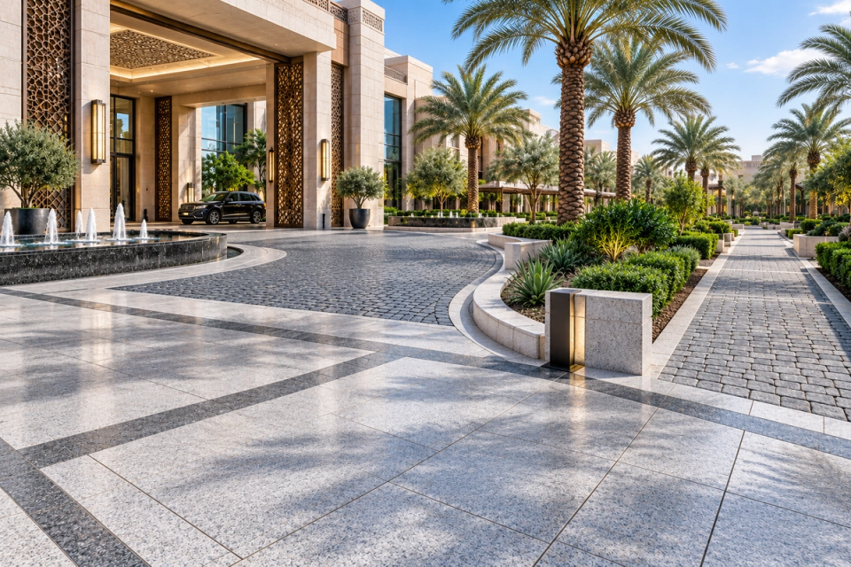 Natural granite paving at a luxury hotel entrance, combining large-format granite slabs and dark grey granite cobblestones for driveways, walkways and landscape borders.