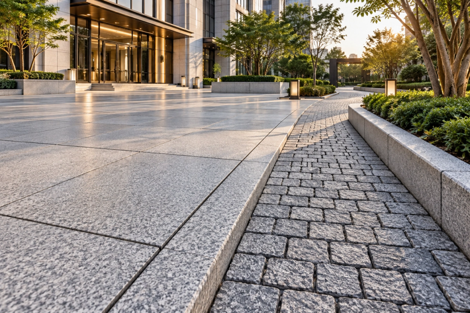 Natural granite paving in a high-standard modern landscape project, coordinating large-format granite slabs, granite cobblestones and kerbstones to balance architectural proportions, paving scale and joint density.