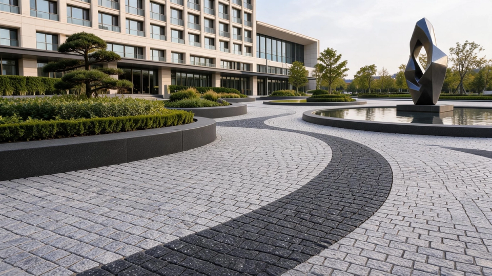 Hochwertige Pflasterung aus Crystal Grey Naturgranit-Pflastersteinen für moderne Landschaftsgestaltung und repräsentative Außenbereiche